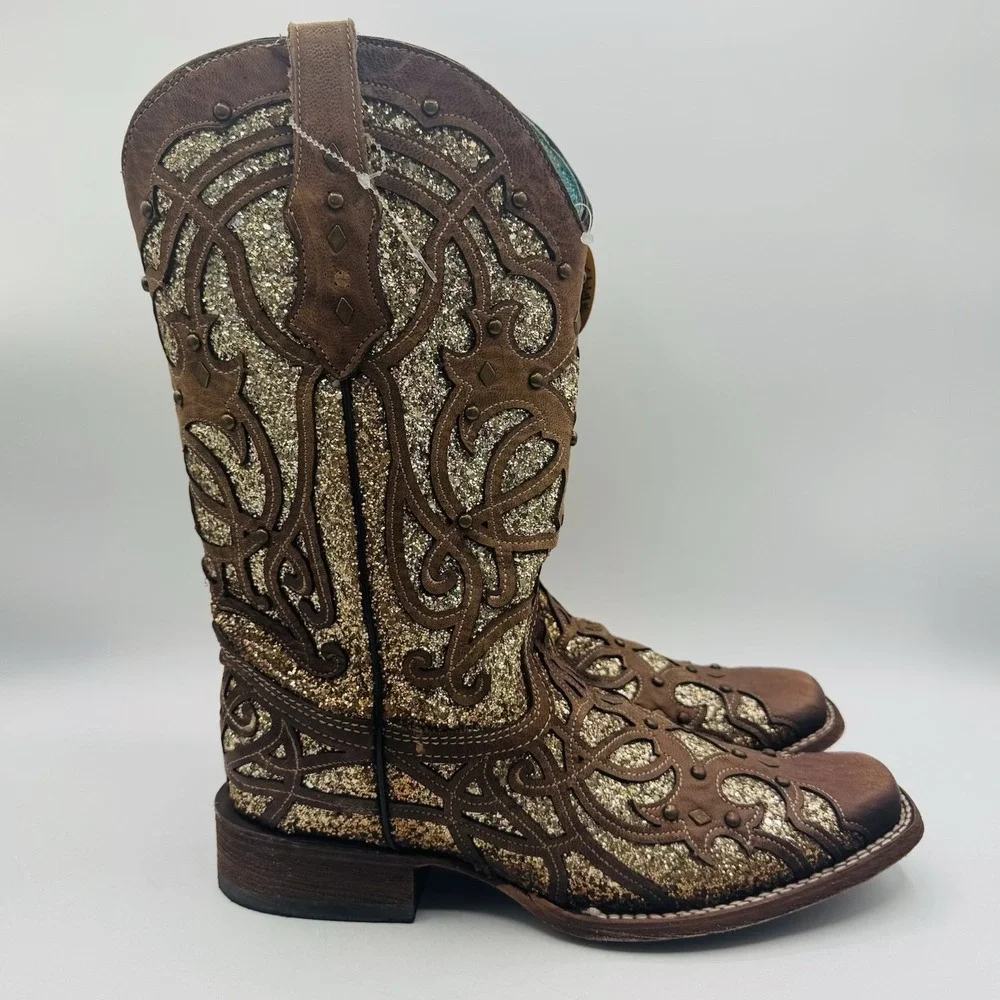 Corral Orix Glitter Inlay‎ Boots Women's Size 11 Brown Leather Gold Studded